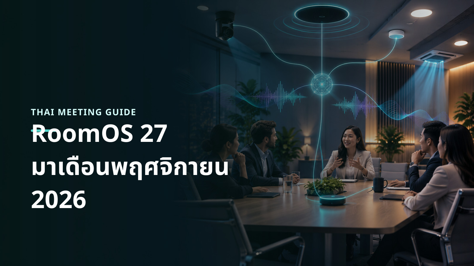 ภาพแนวคิดระบบปฏิบัติการห้องประชุมเชื่อมกล้อง เสียง เซนเซอร์ และการควบคุมพื้นที่ด้วย AI จากส่วนกลาง