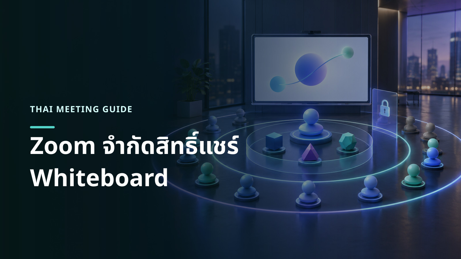 ภาพแนวคิดกระดานไวท์บอร์ดดิจิทัลในห้องประชุมที่มีวงสิทธิ์แยก host คนในองค์กร และผู้เข้าร่วมทั้งหมด