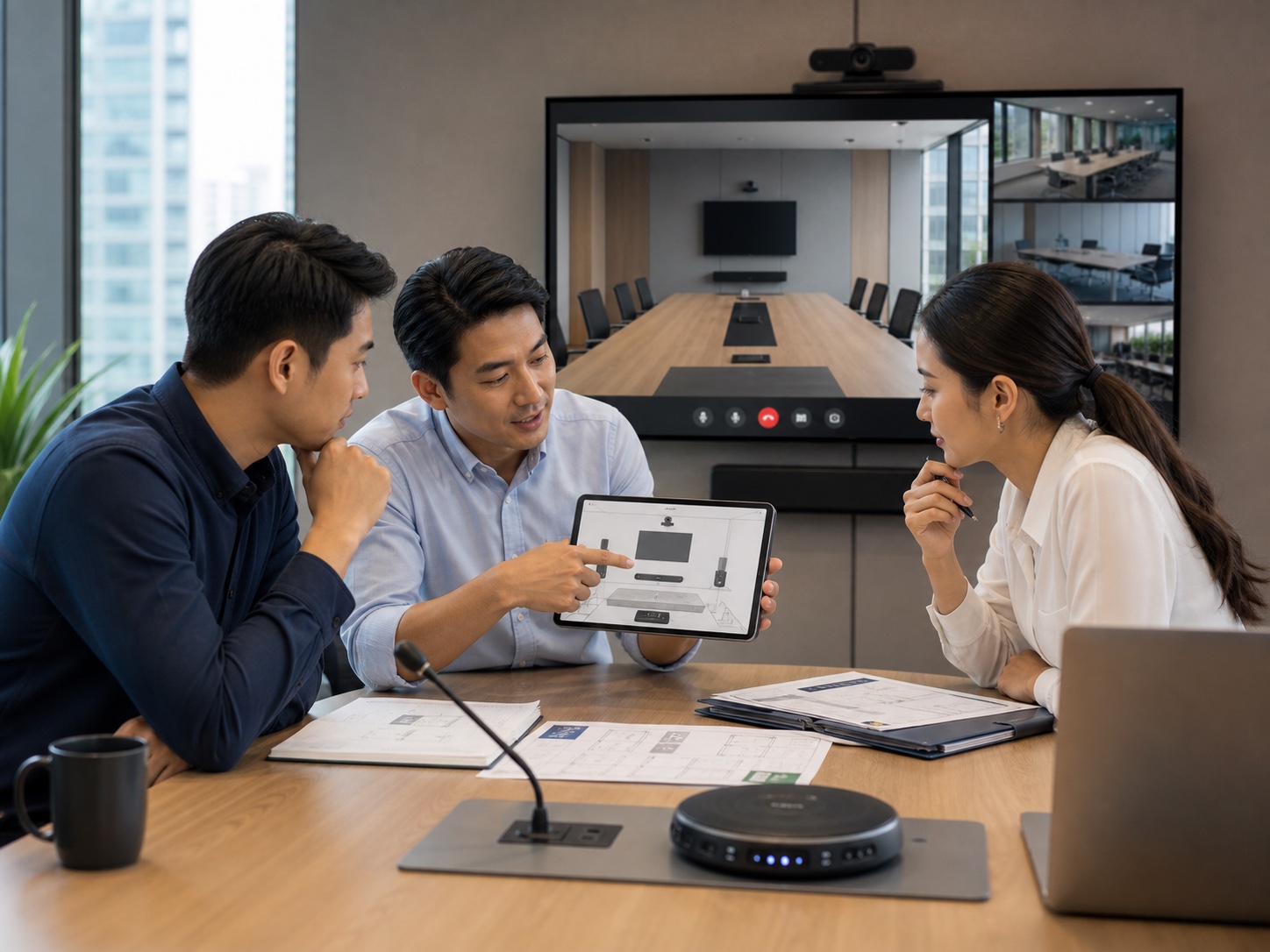 ทีมงานไทยกำลังวางแผนอุปกรณ์ห้องประชุม Video Conference